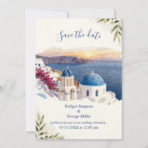 Invitation Mariage de destination à Santorin bleu aquarelle