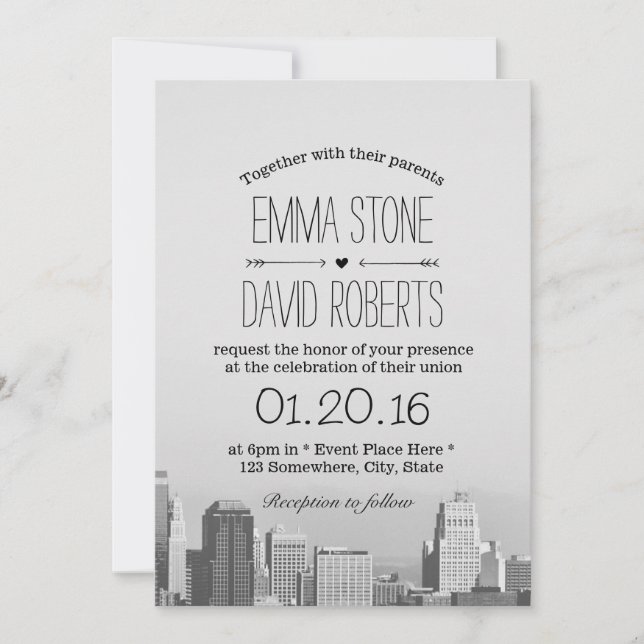 Invitation Mariage de destination City Skyline moderne (Devant)