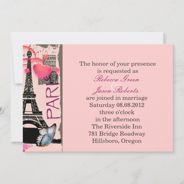 Invitation mariage de destination de la tour eiffel rose de p (Devant)