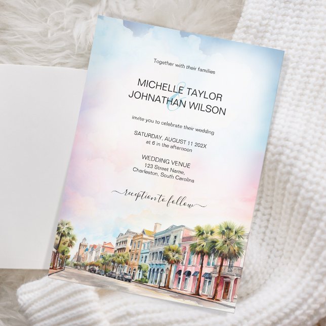 Invitation Mariage de destination moderne Charleston Aquarell (charleston pastel watercolor)