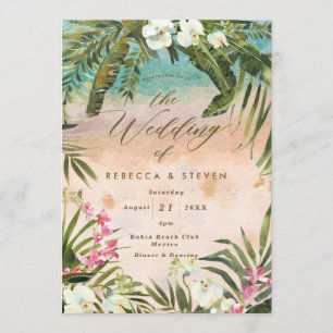 Invitation mariage de destination sur une plage aux feuilles 