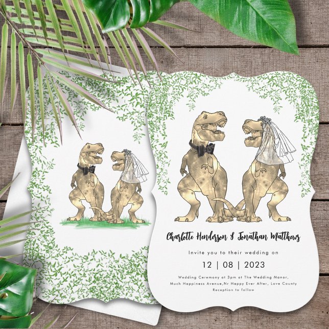 Invitation Mariage de Dinosaures la mariée et le marié T-Rex (Dinosaur themed wedding invitation with T-Rex bride and groom and Jurassic jungle foliage)