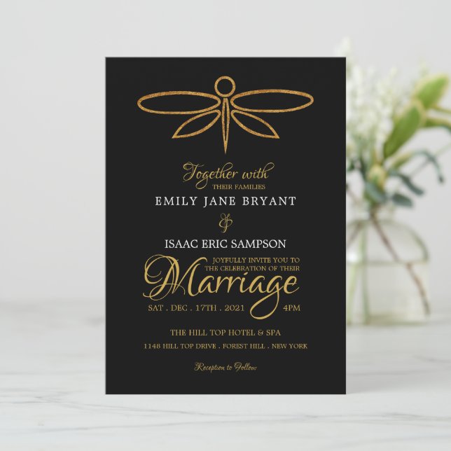 Invitation Mariage de dragonfly vintage Gold (Debout devant)