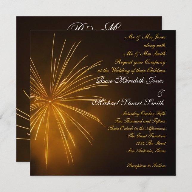 Invitation Mariage de fête de Fireworks (Devant / Derrière)