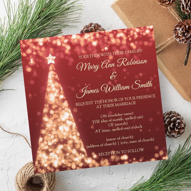 Invitation Mariage de fêtes de Noël Rouge & Or Élégant (Elegant Red & Gold Christmas Holiday Wedding Invitation)