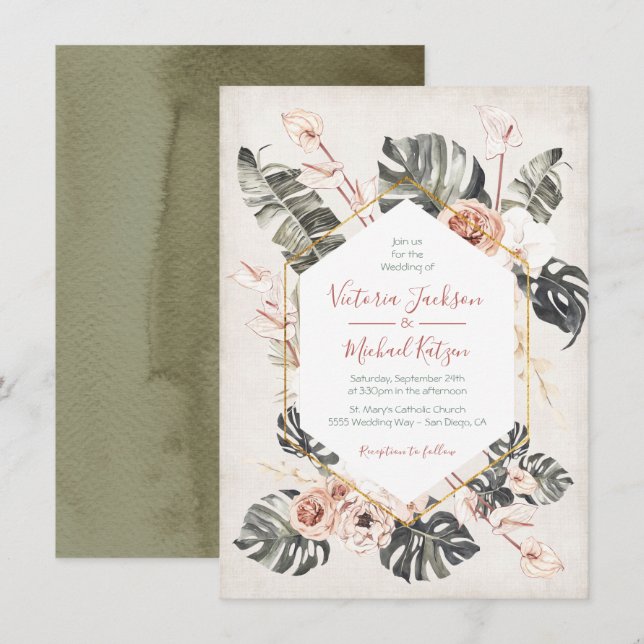 Invitation Mariage de feuillage en terre cuite et vert tropic (Devant / Derrière)