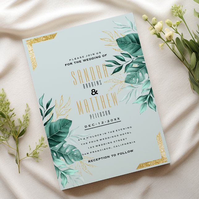Invitation Mariage de feuillage parties scintillant vert ment (Tropical mint green gold glitter foliage Wedding)