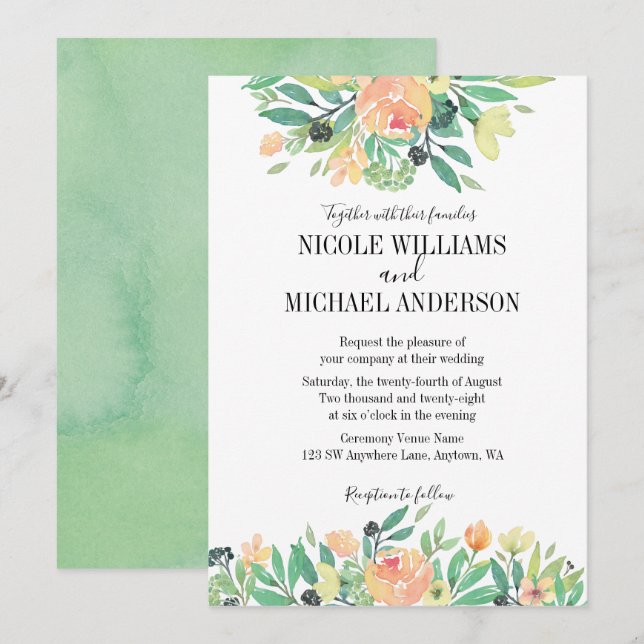 Invitation Mariage de feuillage RUSTIC Vert aquarelle pivoine (Devant / Derrière)