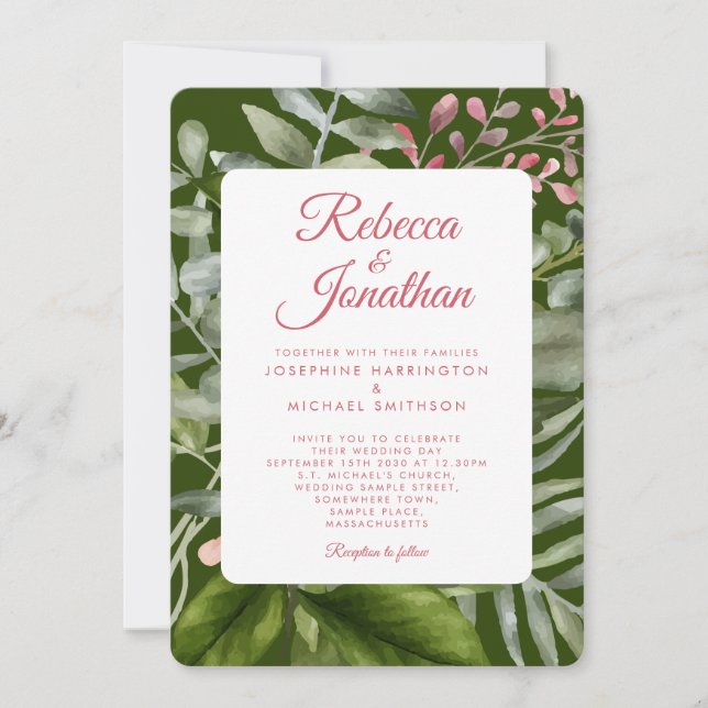 Invitation Mariage de feuillage vert émeraude rose (Devant)