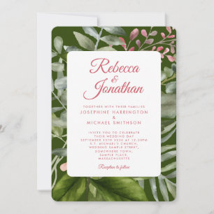 Invitation Mariage de feuillage vert émeraude rose