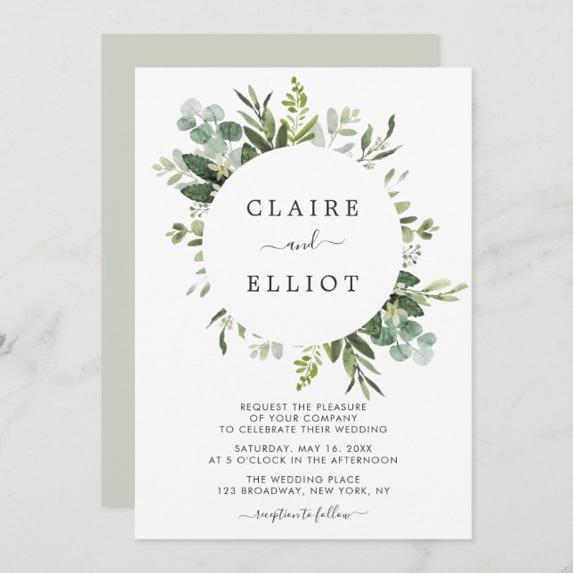 Invitation Mariage de feuillage vert Eucalyptus (Devant / Derrière)