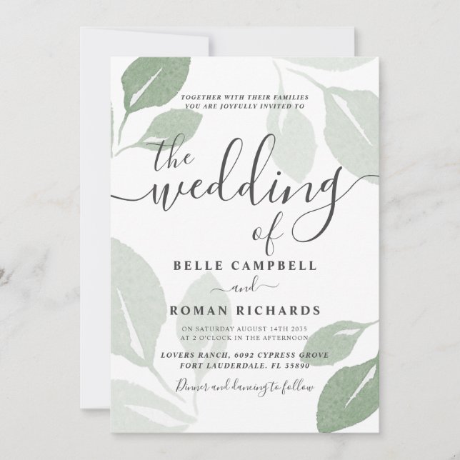Invitation Mariage de feuillage vert Sage moderne (Devant)