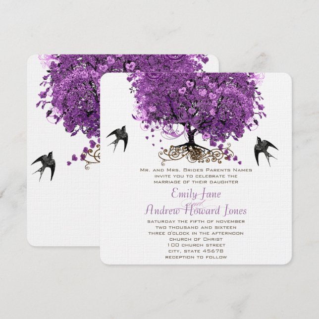 Invitation Mariage de feuille d'arbre de coeur violet radiant (Devant / Derrière)