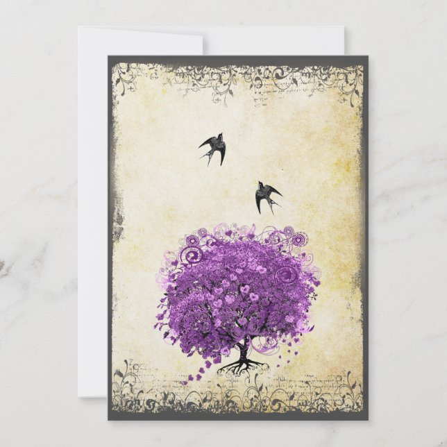 Invitation Mariage de feuille d'arbre de coeur violet radiant (Devant)
