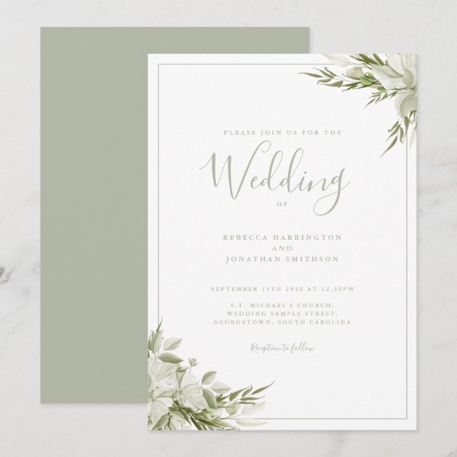 Invitation Mariage de feuille verte de taille minimale (Devant / Derrière)