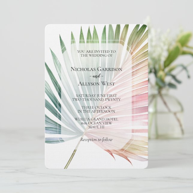 Invitation Mariage de feuille verte rose tropicale (Debout devant)
