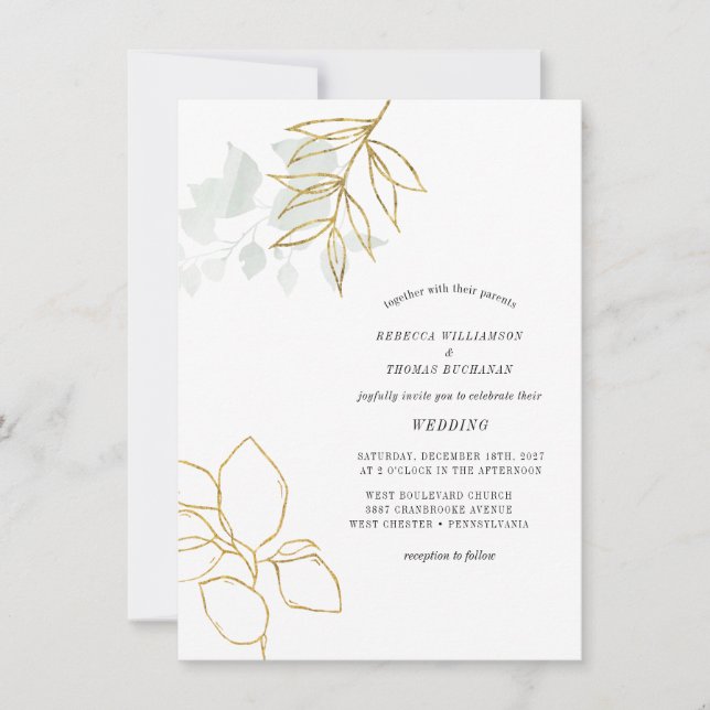 Invitation Mariage de feuilles d'or Faux Botanique verdoyant (Devant)