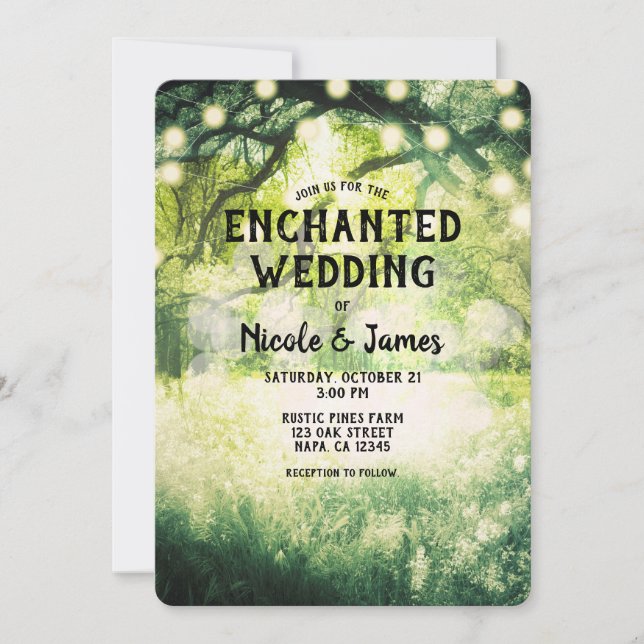Invitation Mariage de feux de forêt enchantés vert rustique (Devant)