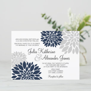Invitation Mariage de flambée florale bleu marine et gris arg