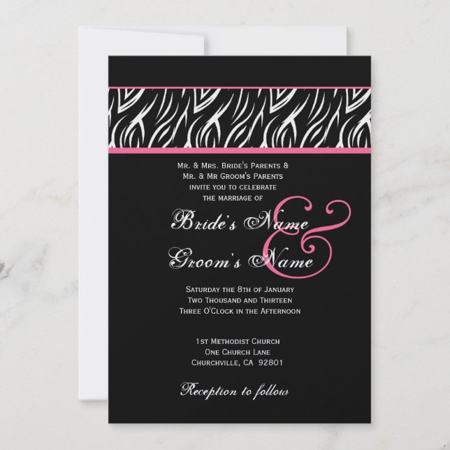 Invitation Mariage de flamme noir blanc rose Zèbre métal (Devant)
