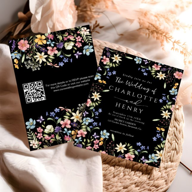 Invitation Mariage de Fleur sauvage de code QR moderne noir (Créateur téléchargé)