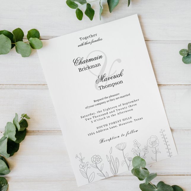 Invitation Mariage de fleurs à main noire et blanche (Créateur téléchargé)