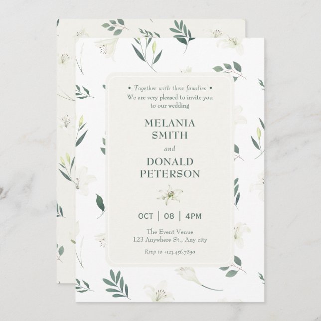 Invitation Mariage de fleurs blanches (Devant / Derrière)