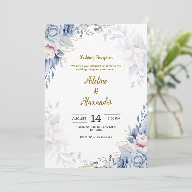 Invitation Mariage de fleurs bleu et or Réception (Créateur téléchargé)