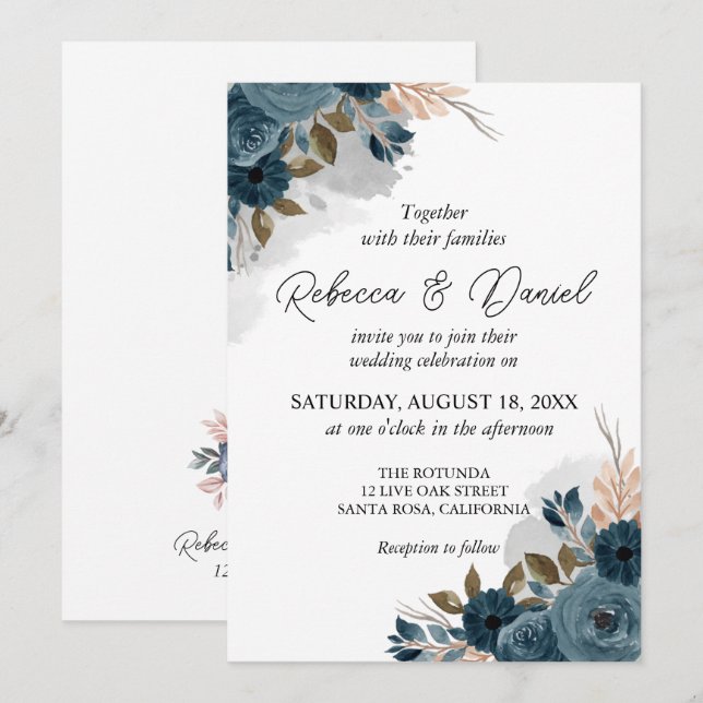 Invitation Mariage de fleurs bleu marine moderne (Devant / Derrière)