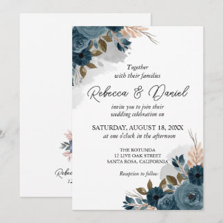 Invitation Mariage de fleurs bleu marine moderne