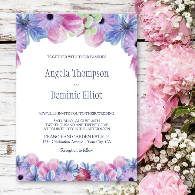 Invitation Mariage de fleurs bleu rose (Créateur téléchargé)
