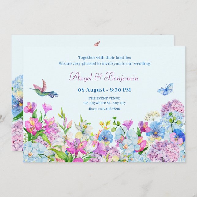 Invitation Mariage de fleurs bleu violet (Devant / Derrière)