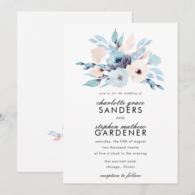 Invitation Mariage de fleurs d'aquarelle bleu et de pêche (Devant / Derrière)