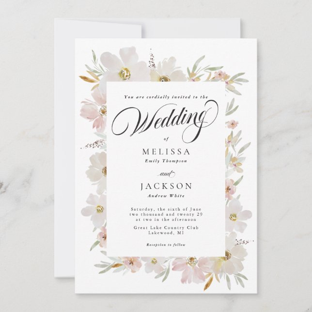 Invitation Mariage de fleurs d'aquarelle crème et bleu (Devant)