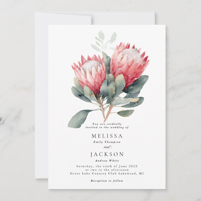 Invitation Mariage de fleurs d'aquarelle en teinte Protea (Devant)