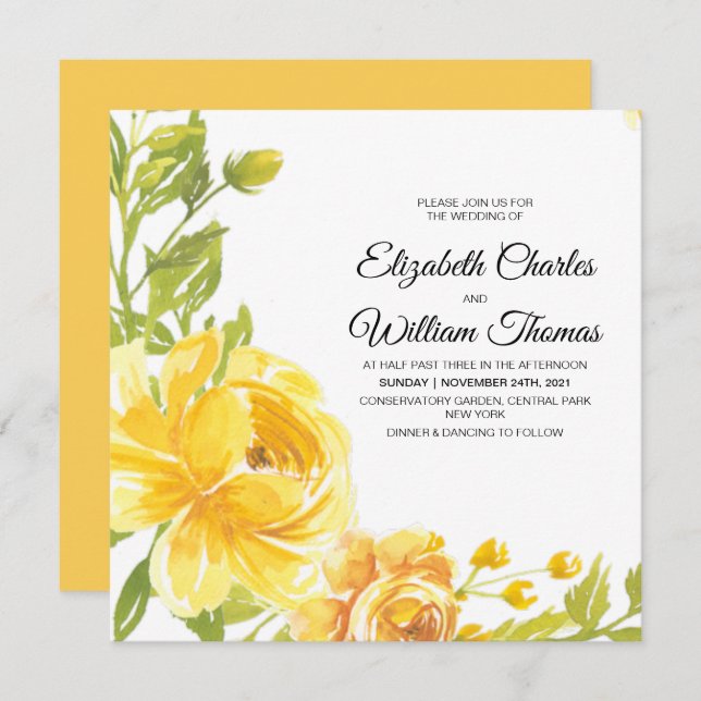 Invitation Mariage de fleurs d'aquarelle jaune moderne (Devant / Derrière)