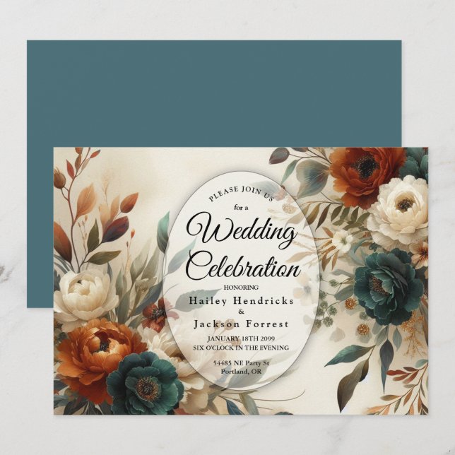 Invitation Mariage de fleurs d'automne orange et bleu brûlés (Devant / Derrière)