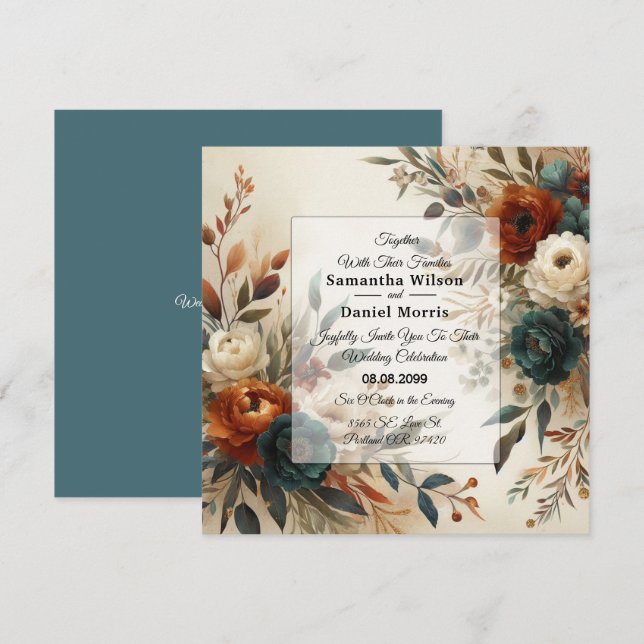 Invitation Mariage de fleurs d'automne orange et bleu brûlés (Devant / Derrière)