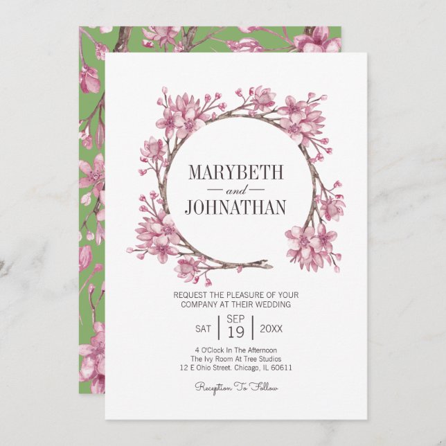 Invitation Mariage de fleurs de cerisier rose (Devant / Derrière)