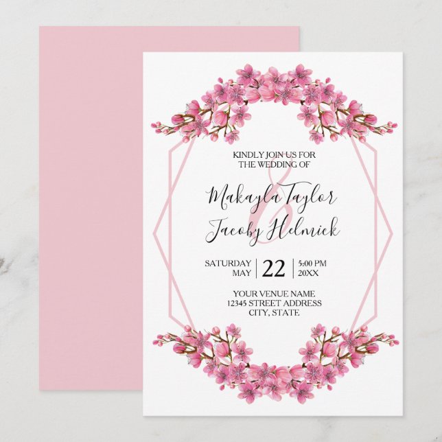 Invitation Mariage de fleurs de cerisiers roses (Devant / Derrière)