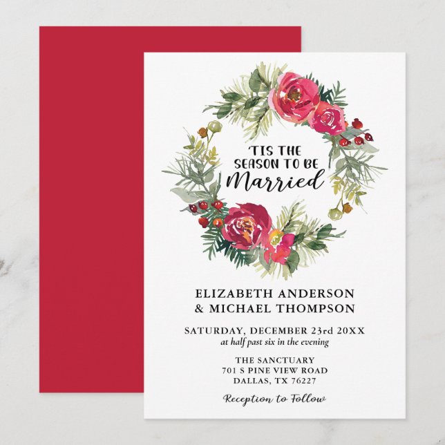 Invitation Mariage de fleurs de fleurs de Noël rouge (Devant / Derrière)