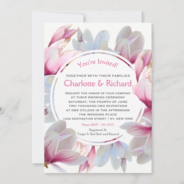 Invitation Mariage de fleurs de Magnolia rose du sud (Devant)