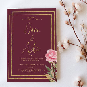 Invitation Mariage de fleurs de menthe rose bordeaux géométri