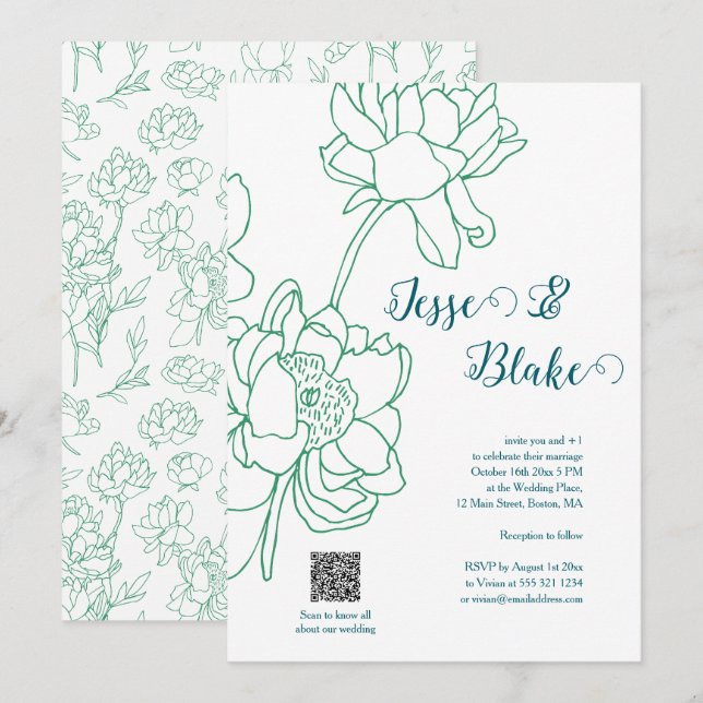 Invitation Mariage de fleurs de pivoines à main verte (Devant / Derrière)