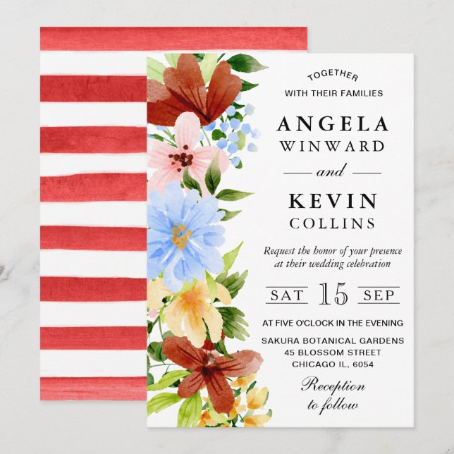 Invitation Mariage de fleurs de saumon rouge jaune et bleu (Devant / Derrière)