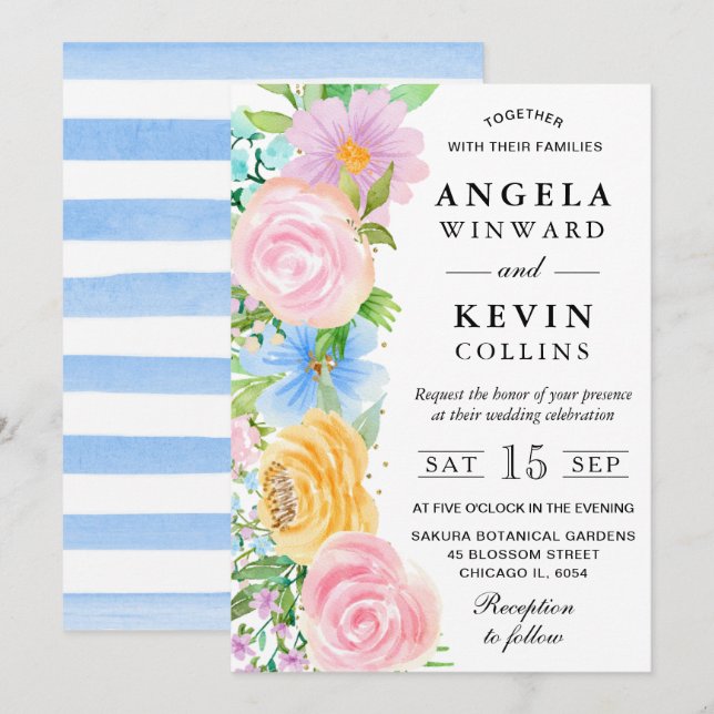 Invitation Mariage de fleurs de saumons rose jaune et bleu (Devant / Derrière)