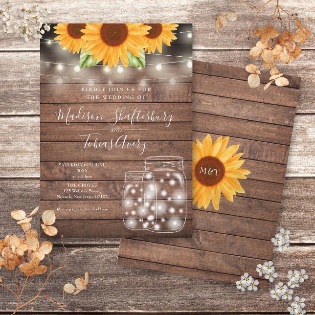 Invitation Mariage de fleurs de soleil de mâon Jar Russe (Rustic String Lights Mason Jar Sunflowers Wedding Invitation)