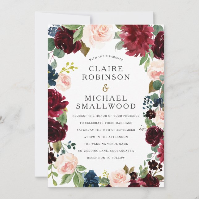 Invitation Mariage de fleurs de vin blanc et rouge (Devant)