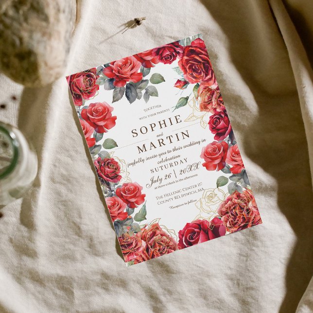 Invitation Mariage de fleurs dorées Roses rousses (Créateur téléchargé)