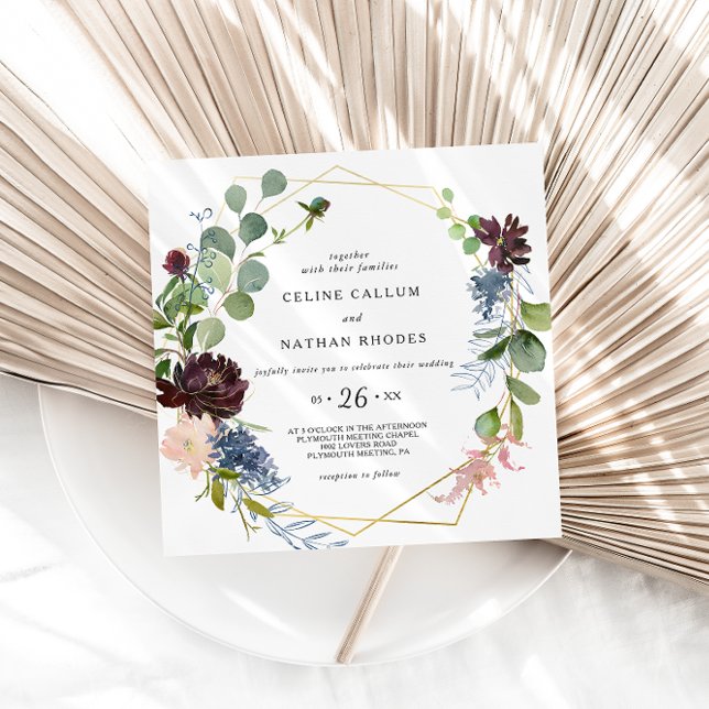 Invitation Mariage de fleurs et de verdure de Bourgogne géomé (Créateur téléchargé)